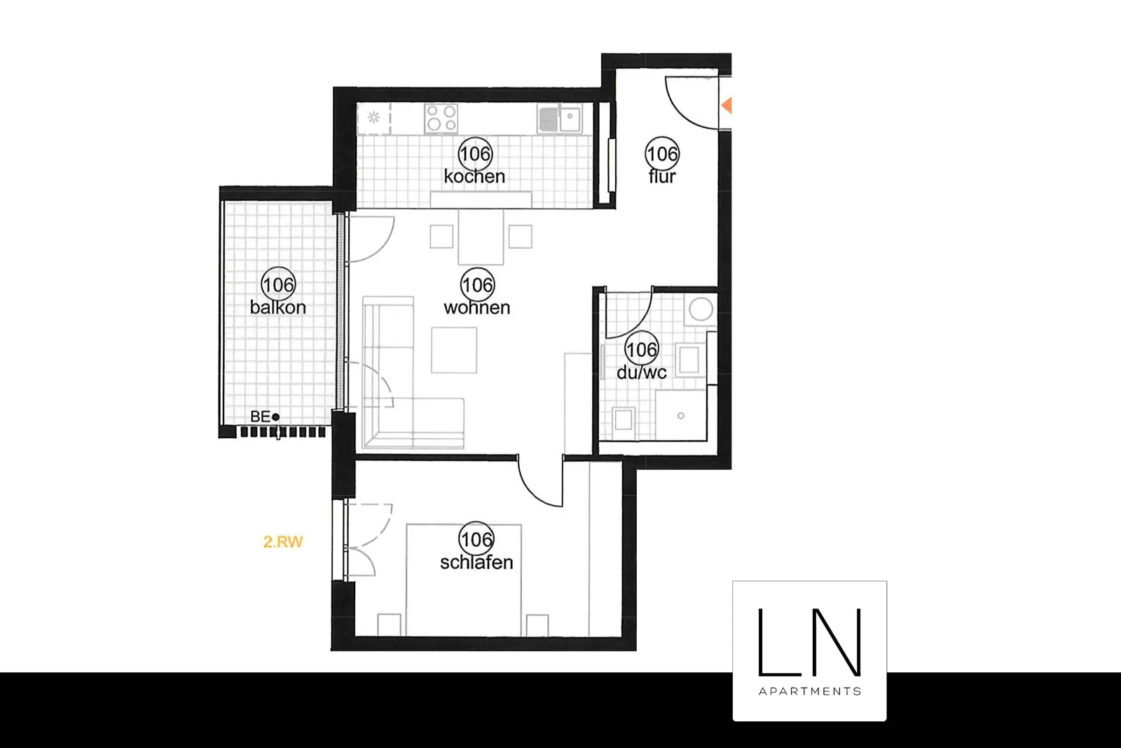 Floor plan of Apartment Liam with kitchen, living room, bedroom, bathroom, hallway and balcony
